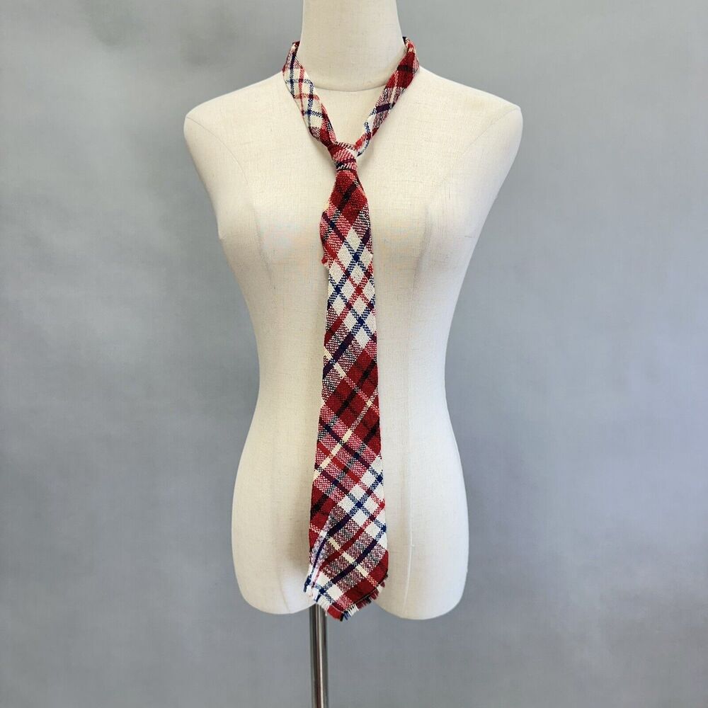 Vintage Wool Red Blue And Ivory Tartan Plaid Necktie Unisex Raw‎ Hem